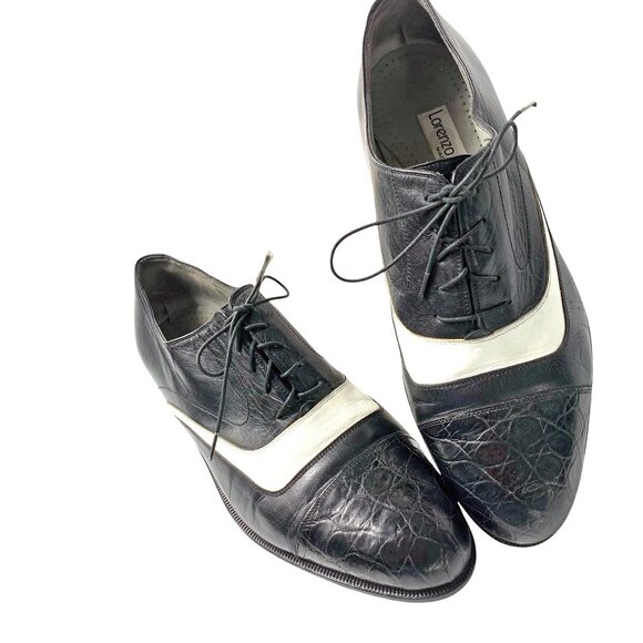 Lorenzo Banfi Black with White Leather‎ Embossed Cap Toe Dress Oxfords - Picture 1 of 12